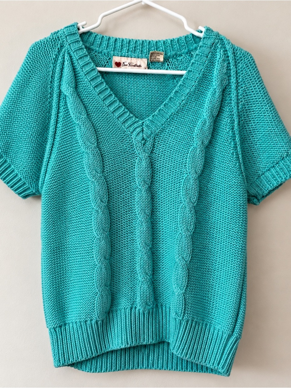 Vintage Diane von Furstenberg Teal Cable Knit Short Sleeve Sweater L